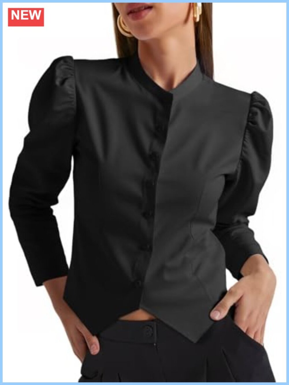 Womens Cotton Puff Sleeve Button Down Blouse Mock Neck Crop Top